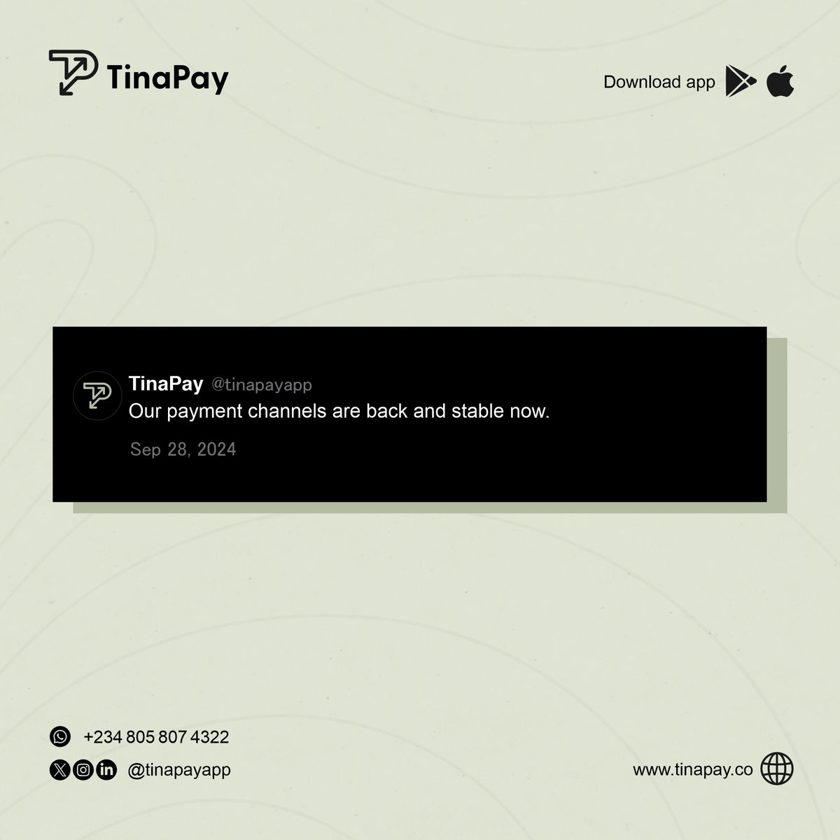 TinaPayapp's tweet image. Great news! 
Our payment channels are back up and running smoothly. Enjoy hassle-free transactions with Tinapay.

#Tinapay
#PaymentChannelsRestored
#OnlinePayments
#FinTech