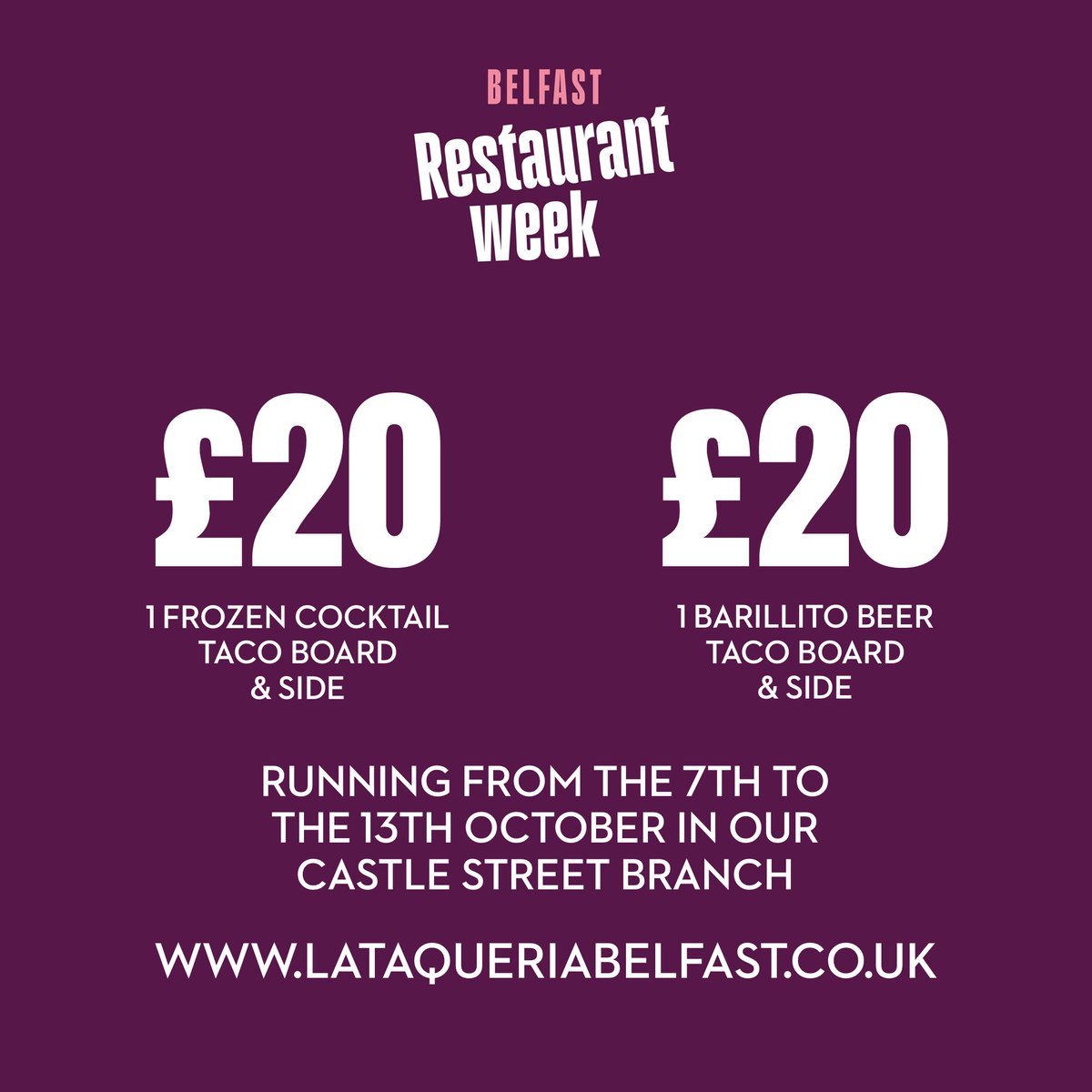 Excited for #belfastrestaurantweek here at La Taqueria! Offer only available in Castle Street

Book lataqueriabelfast.co.uk
#mexicanfood #lataqueria #belfast