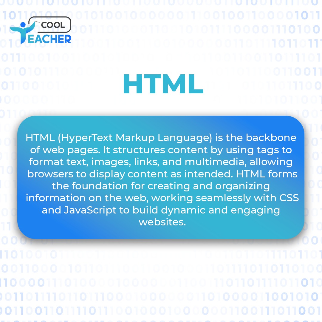 TeacherCoo81249's tweet image. 🔤 HTML = The foundation of the web! It&apos;s how we structure everything from text to images online. 🚀
.
.
#HTML #WebDevelopment #Coding101 #TechVibes
#teachercool