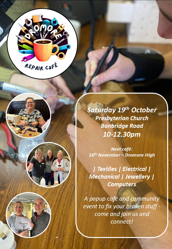 Repair Cafe Dromore (@repaircafedmore) on Twitter photo Our next Repair Cafe in Dromore will run on Saturday 19th October 10-12.30pm - put the date in your diaries and bring us your broken things to mend at Dromore Presbyterian Church on Banbridge Road <a href="/repaircafebfast/">Repair Café Belfast</a> <a href="/RepairCafeCduff/">Repair Café Carryduff</a> <a href="/RepairCafeAN/">Repair Café Antrim and Newtownabbey</a> <a href="/RepairCafeFoyle/">Repair & Share Foyle</a> <a href="/NIresourcesnet/">Northern Ireland Resources Network (NIRN)</a> Our next Repair Cafe in Dromore will run on Saturday 19th October 10-12.30pm - put the date in your diaries and bring us your broken things to mend at Dromore Presbyterian Church on Banbridge Road <a href="/repaircafebfast/">Repair Café Belfast</a> <a href="/RepairCafeCduff/">Repair Café Carryduff</a> <a href="/RepairCafeAN/">Repair Café Antrim and Newtownabbey</a> <a href="/RepairCafeFoyle/">Repair & Share Foyle</a> <a href="/NIresourcesnet/">Northern Ireland Resources Network (NIRN)</a>