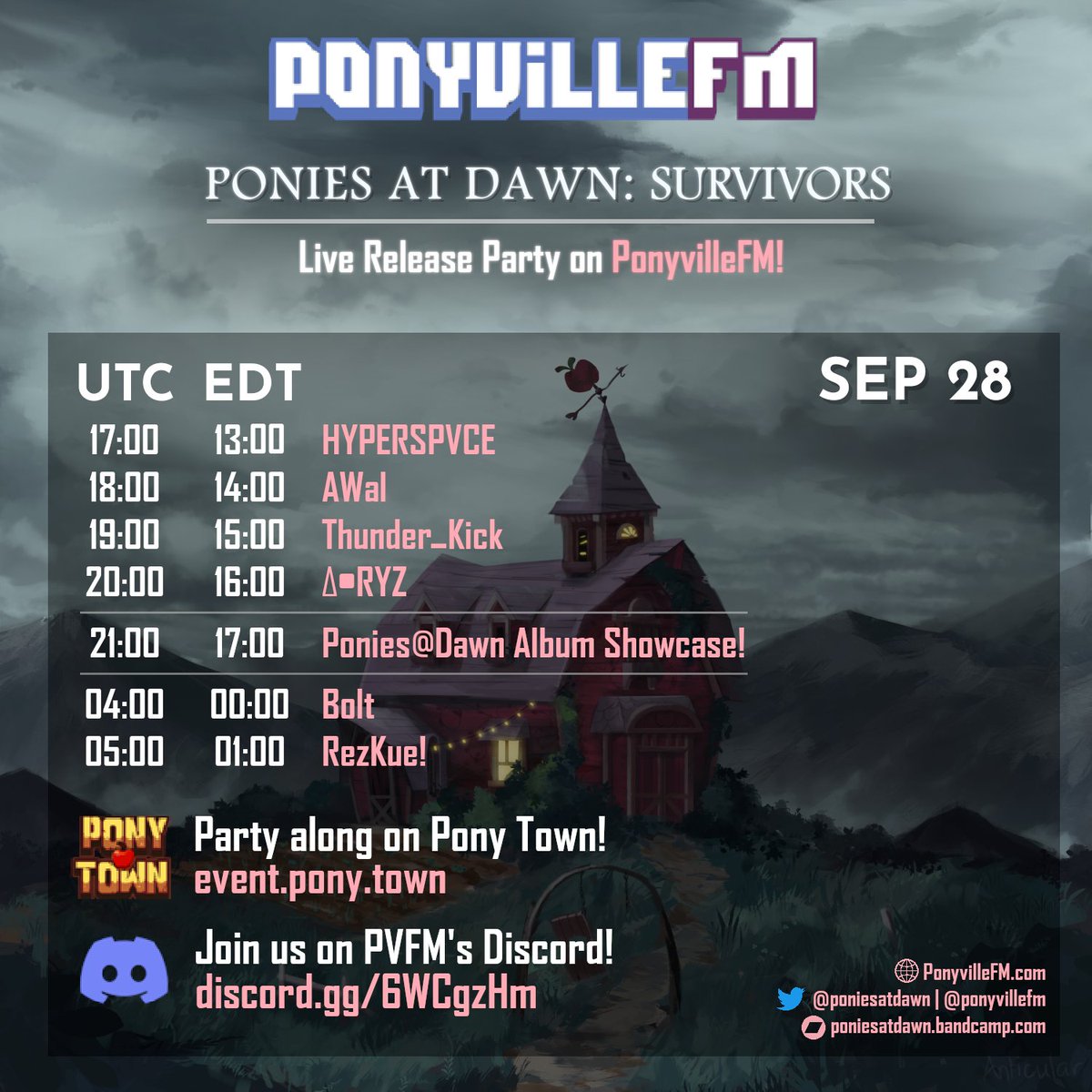 The release party for our newest album Survivors on <a href="/PonyvilleFM/">PonyvilleFM</a> is starting now with 4 excellent DJ sets to bring up the hype for the album release! Join in on <a href="/ponytownteam/">Pony Town</a>'s event server here: event.pony.town

First up we have some dubstep from <a href="/HYPERSPVCEmusic/">HYPERSPVCE</a>!