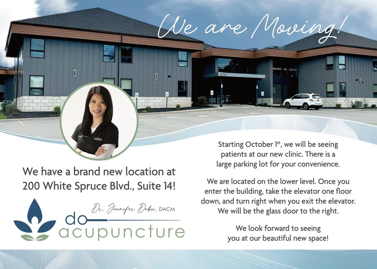 As many of our patients know... we are moving next month to 200 White Spruce Blvd, Suite 14, Rochester, NY 14623!

We are very excited for this opportunity and cannot wait to see you all at our new office location.

#acupuncture
#acupuncturist
#health
#Rochester
#RochesterNY