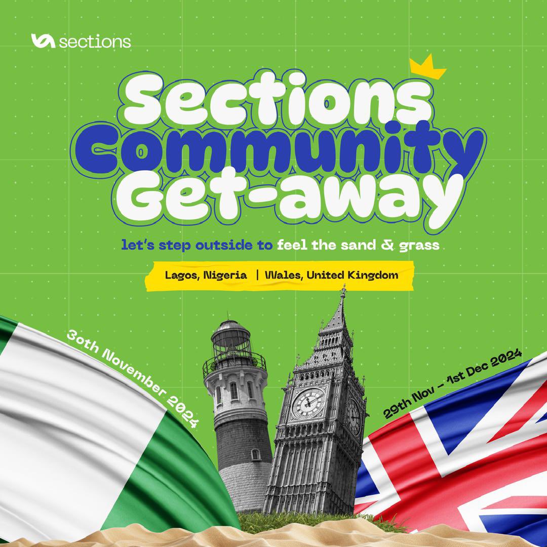 hello_sections's tweet image. Exciting news! Join us for the SECTIONS Community Getaway! 🚀

You’ve earned a break! Enjoy great food, fun games, and beautiful views. Open to everyone in Lagos &amp;amp; the UK!  

✨ Send a DM now to be a part of this

Let’s celebrate the end of the year together! 🎉