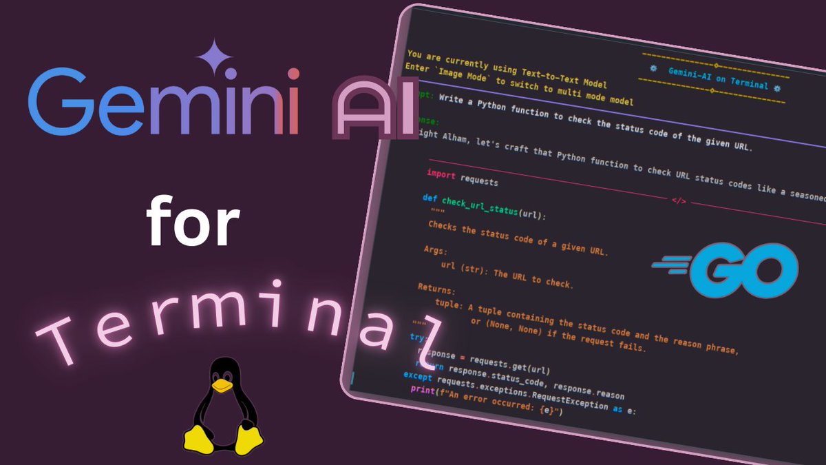 alham__aa's tweet photo. Terminal based #Chatbot using Gemini #AI - Boost your #Productivity , Empowering your terminal with Gemini AI
https://t.co/YcrRWOhVs4
#AI #Gemini #chatbots #Linux #golang #Google #terminal #ArtificialIntelligence #Competition #DevOps #codingmemes #programmingchallenge https://t.co/G8Lxqy0Mso
