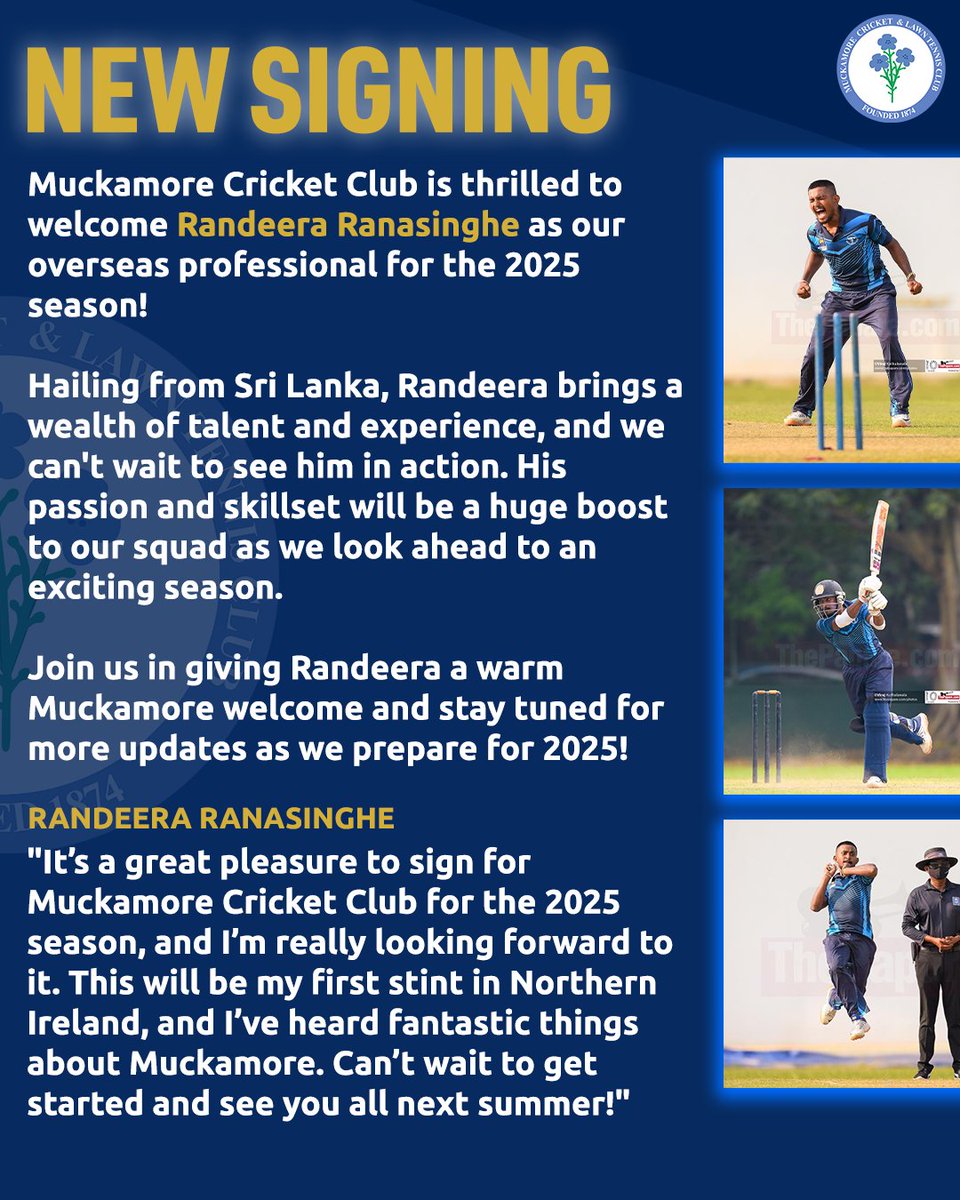 🏏🏏 NEW SIGNING 🏏🏏

Muckamore Cricket Club is thrilled to welcome Randeera Ranasinghe as our overseas professional for the 2025 season!

#MuckamoreFamily #150thAnniversary