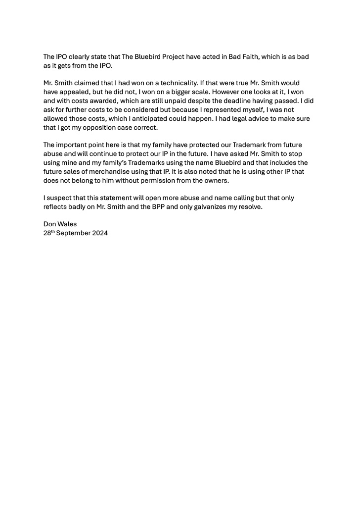 I would like to post the following statement concerning the latest Trademark findings by the IPO.