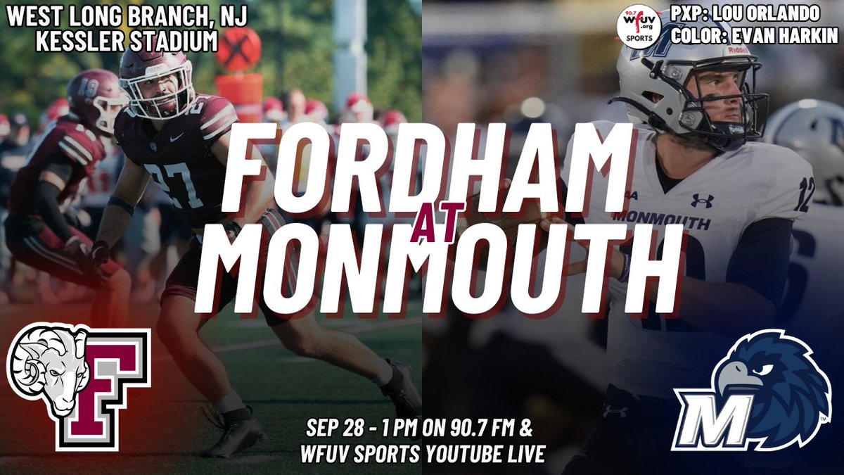 WFUV Sports (@wfuvsports) on Twitter photo @FordhamFootball makes the trip to West Long Branch, NJ to face the Monmouth Hawks, still looking for their first victory of the 2024 season.
<a href="/SweetLouuuuu/">Lou Orlando</a> and <a href="/evharkin/">Evan Harkin</a> have the call from Kessler Stadium live on the WFUV Sports Youtube and 90.7 FM! Kickoff set for 1:00pm. @FordhamFootball makes the trip to West Long Branch, NJ to face the Monmouth Hawks, still looking for their first victory of the 2024 season.
<a href="/SweetLouuuuu/">Lou Orlando</a> and <a href="/evharkin/">Evan Harkin</a> have the call from Kessler Stadium live on the WFUV Sports Youtube and 90.7 FM! Kickoff set for 1:00pm.