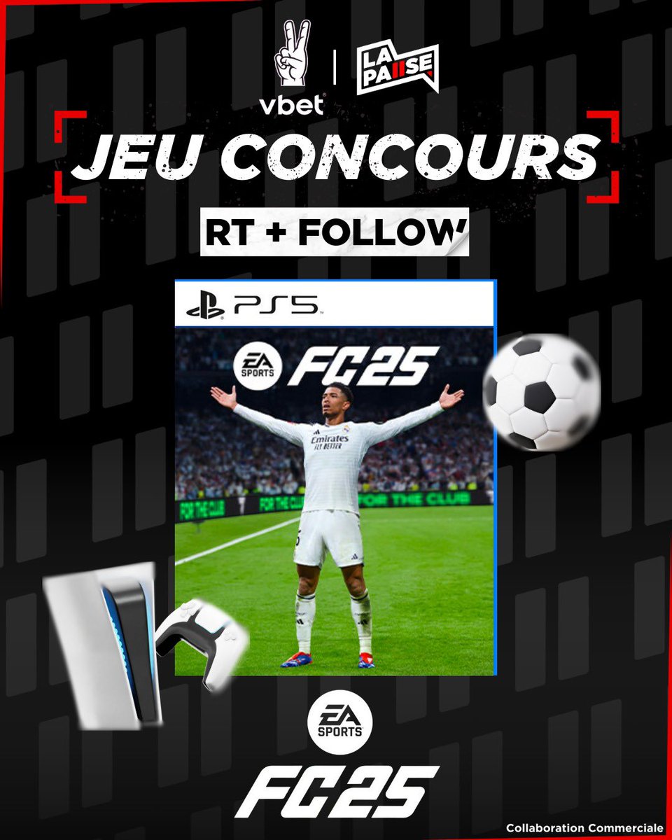 LaPauseFootball's tweet image. 🎁 JEU CONCOURS 🎁

On te fait gagner 2 Jeux EA FC25 sur la plateforme que tu veux ! 🕹️

Pour participer : 

🔄 RT ce tweet 
✅ Abonne-toi à @VBET_fr et @LaPauseFootball 
💬 Mentionne un pote avec qui tu vas jouer

Bonne chance ! 🍀

(TAS le 4/10 🗳️)