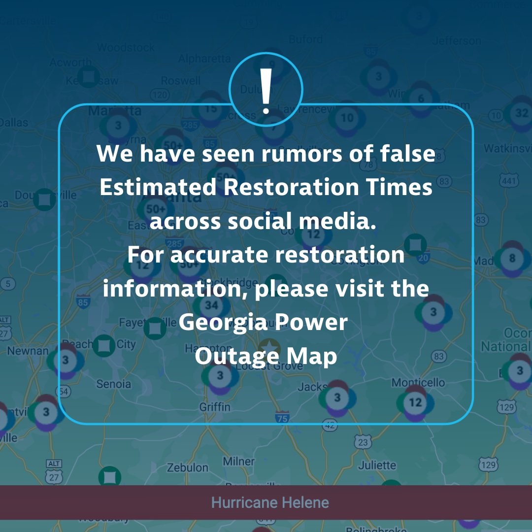 GeorgiaPower's tweet image. ⚠️ MISINFORMATION ALERT ⚠️
We are aware of false information circulating about our restoration times. Please rely only on official Georgia Power channels for accurate updates. Our team is working diligently to restore power safely and as quickly as possible. As of right now,…