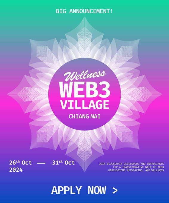web3village's tweet photo. We are very excited to announce the upcoming Wellness Web3Village

Join us in Chiang Mai for a unique gathering of pioneers from tech, science, and community. As part of the global pop-up series, we offer a dynamic space to recharge, connect, and collaborate with innovative minds https://t.co/6ILfVkyYs4