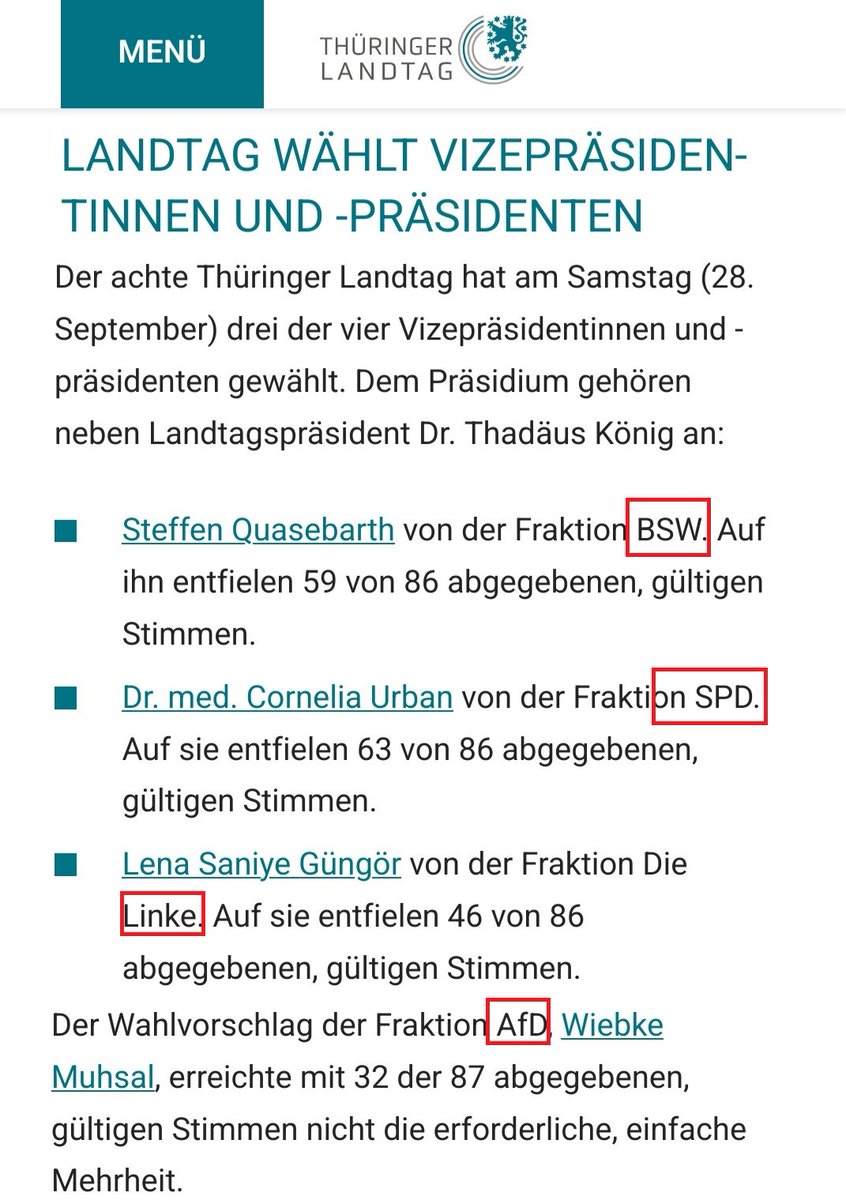 SHomburg's tweet photo. Thüringen
Konstituierung des Landtags ist abgeschlossen. Sogar die SPD (6,1%) erhält einen Vizepräsidentenposten. Die größte Fraktion @AfD (32,8%) bleibt komplett außen vor. 

Die Wahlverlierer nennen es „ihre Demokratie”.