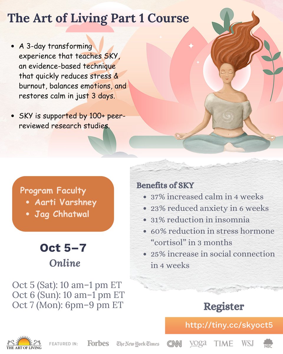 Excited to share that I'll be conducting an online SKY breath meditation workshop from Oct 5-7! 🌿 Reduce stress, improve sleep, and boost emotional well-being with this evidence-based technique
Register: tiny.cc/skyoct5 
#Meditation  #wellness #MentalHealth