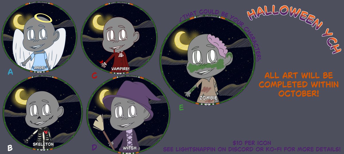 Hello! I've opened up Halloween Chibi YCHs, which are available on my Ko-Fi! If you're interested in them or any of my other commissions, please go take a look! ko-fi.com/lightsnappin/c…