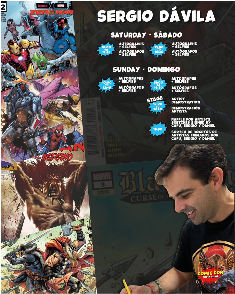 ¡Aquí tienes el horario del artista Sergio Dávila para los días 5 y 6 de octubre en la Comic Con Costa Brava! 🎨✨  

No pierdas la oportunidad de conocer a este increíble creador, llevarte su firma y comprar sus obras exclusivas. 🔥

🔗 comicconcostabrava.es