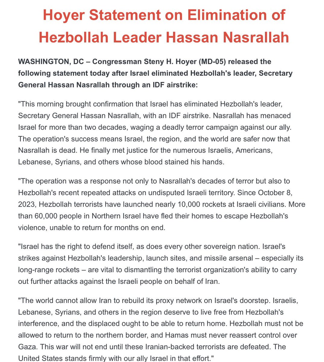 Read my statement on the elimination of Hezbollah Leader Hassan Nasrallah: