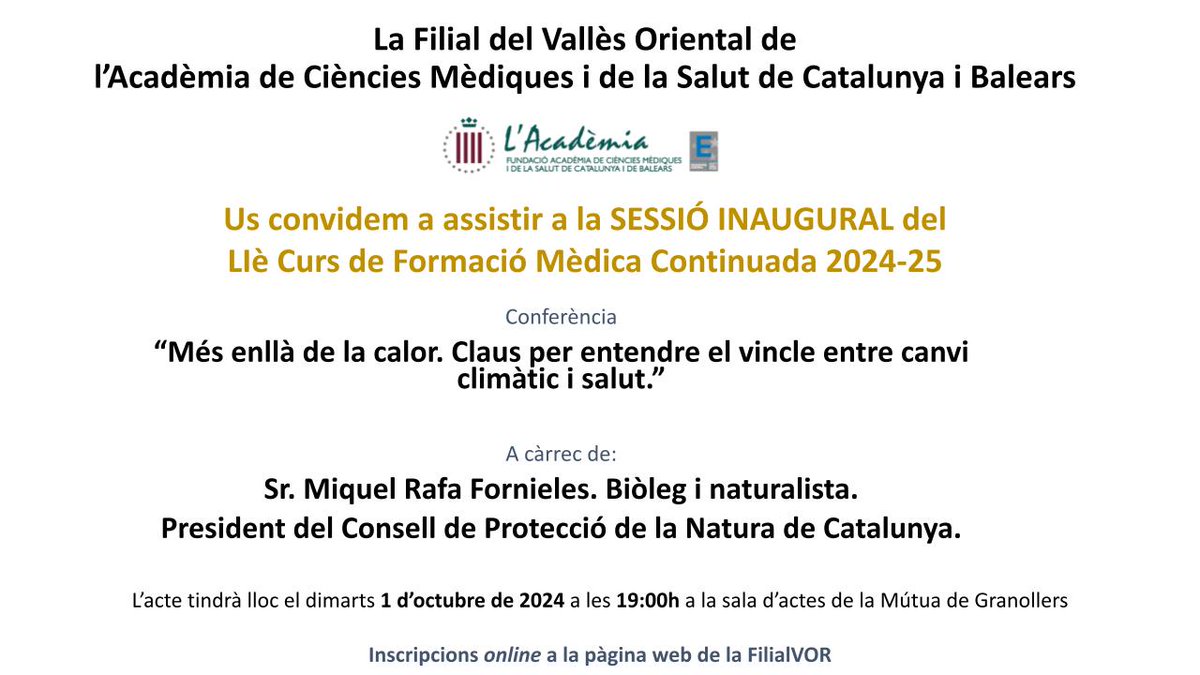 FilialVOR's tweet image. 📢📢DIFUSIÓ📢📢

Aquest dimarts tenim la #SessióInaugural del Lliè curs de Formació Mèdica Continuada a càrrec del Sr Miquel Rafa Fornieles.

Les inscripcions les podeu fer a voriental.academia.cat!

No us ho perdeu!👀

@Gerc_vo