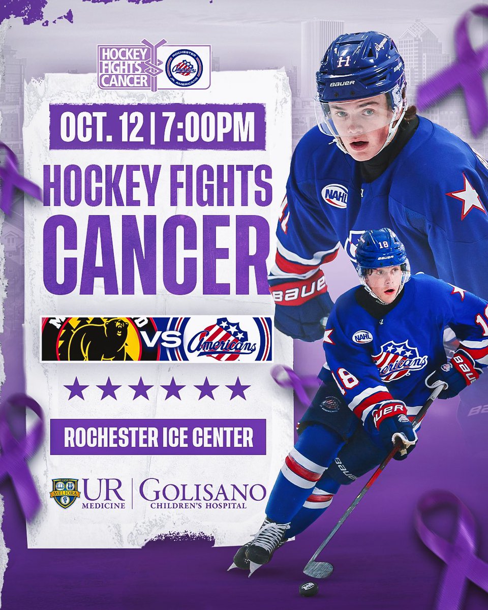 The Jr. Americans’ Hockey Fights Cancer Night is TWO WEEKS AWAY! 💜

On October 12th 𝐀𝐋𝐋 ticket revenue from the game will be 𝐝𝐨𝐧𝐚𝐭𝐞𝐝 to Golisano Children’s Hospital.

We need a packed house for this amazing cause. Get your tickets!

🎟️ rochesterjramerks.com/tickets