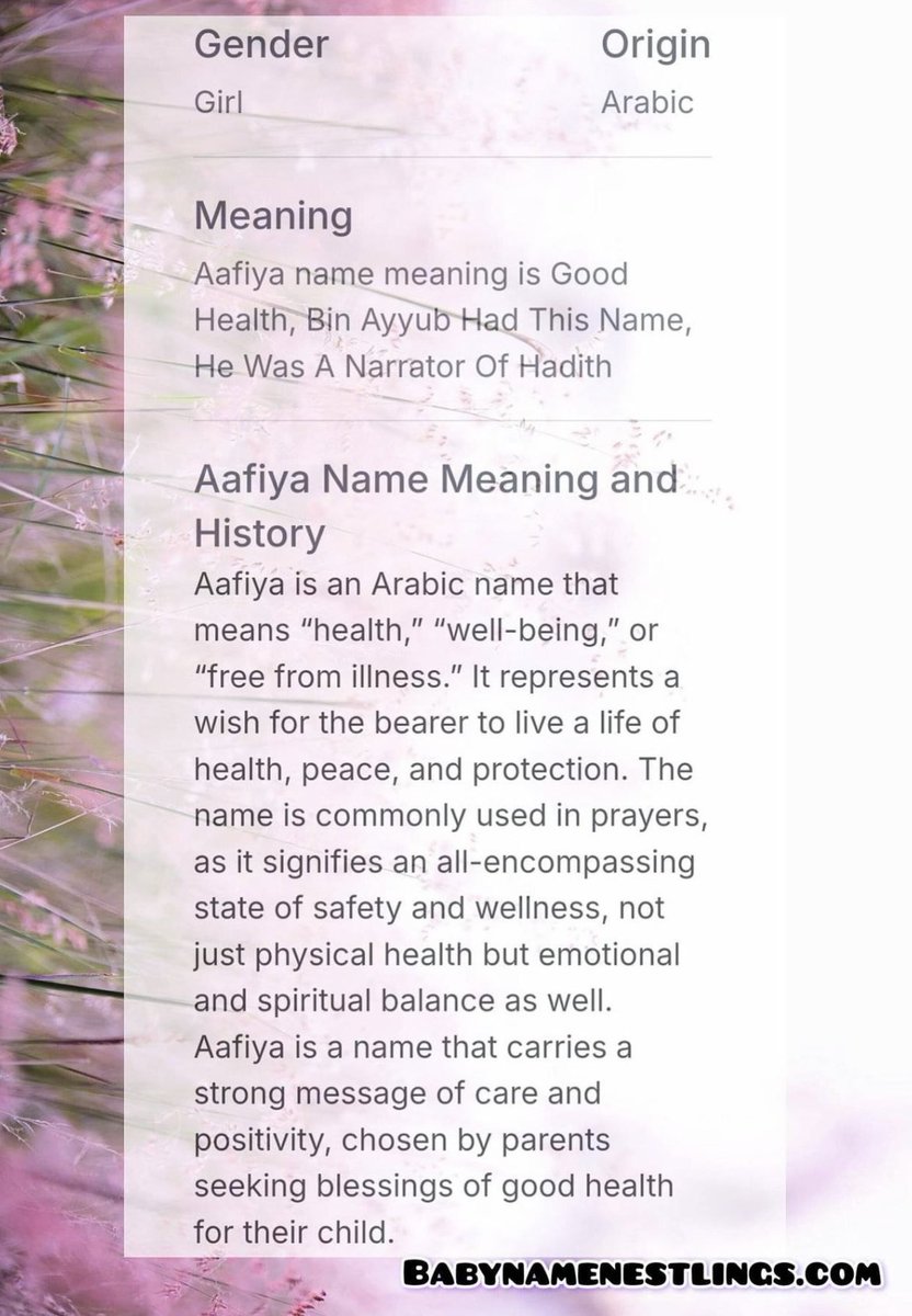 namenestlings's tweet image. "A A F I Y A "
Today we are going to know about a name Aafiya. 🌸
Discover more meanings and unique name inspirations on babynamenestlings.com. ✨

#Aafiya #MuslimNames #BabyNameMeaning #Wellbeing #BabyNameNestlings #NameInspiration #UniqueNames