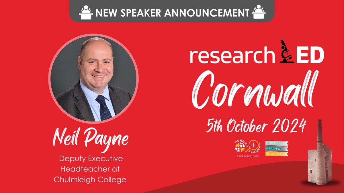 researchED Cornwall (@red_cornwall24) on Twitter photo NEW - <a href="/neiljpayne/">Neil Payne</a> Deputy Executive Headteacher with <a href="/ChulmleighAT/">Chulmleigh Academy Trust</a> is speaking at ResearchED Cornwall in less than a week. Thank you Neil for sharing your story of improvement at Chulmleigh College, with like minded educators.
We still have a few tickets left - don’t miss out! NEW - <a href="/neiljpayne/">Neil Payne</a> Deputy Executive Headteacher with <a href="/ChulmleighAT/">Chulmleigh Academy Trust</a> is speaking at ResearchED Cornwall in less than a week. Thank you Neil for sharing your story of improvement at Chulmleigh College, with like minded educators.
We still have a few tickets left - don’t miss out!
