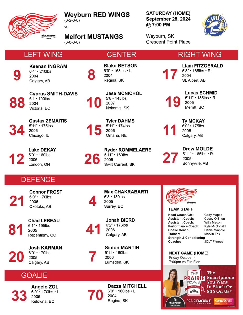 weyburnredwings's tweet photo. Tonight's Game Day Lineup brought to you by @PrairieMobile
#WeyburnRedWings #SJHL #PrairieMobile https://t.co/i33sittrYi