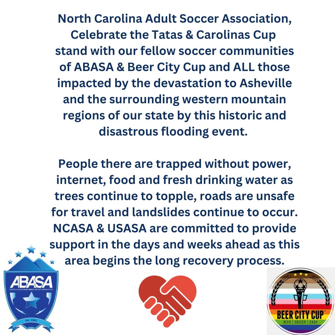 NCAdultSoccer's tweet photo. We are thinking of the people in Asheville &amp; all the surrounding Western NC communities impacted by the unprecedented rain/wind event over the past few days. Please join us with your support of the hundreds of thousands of people in this area. https://t.co/VdxtuGmu7G