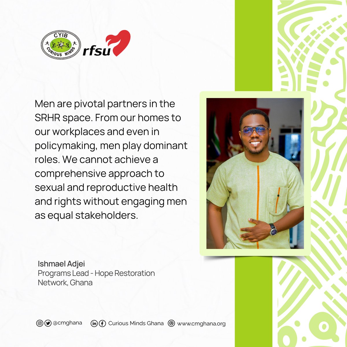 cmghana's tweet photo. We cannot achieve a comprehensive approach to sexual and reproductive health and rights without engaging men as equal stakeholders. - Ishmael Adjei, Programs Lead of @HRNGhana
#GemsOfOurTime #CMGhana https://t.co/m6jtjZVBOI