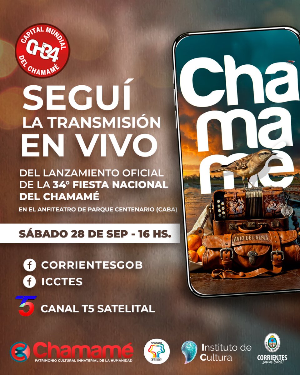 Desde el ICC los invitamos al lanzamiento de la 34° FNCH.
Los esperamos desde las 16 hs en el Anfiteatro de Parque Centenario (CABA).
ENTRADA LIBRE Y GRATUITA
Y transmisión por las redes oficiales del <a href="/CorrientesGob/">Gobierno de Corrientes</a> y por TeleNord 📺