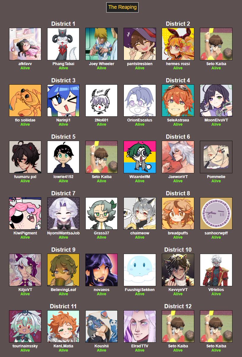 Vtuber Hunger Games sim thread!

Reminder this is all NONCANON and should be treated as a silly game
Any results from this should not affect or reflect your relationship with eachother !!!