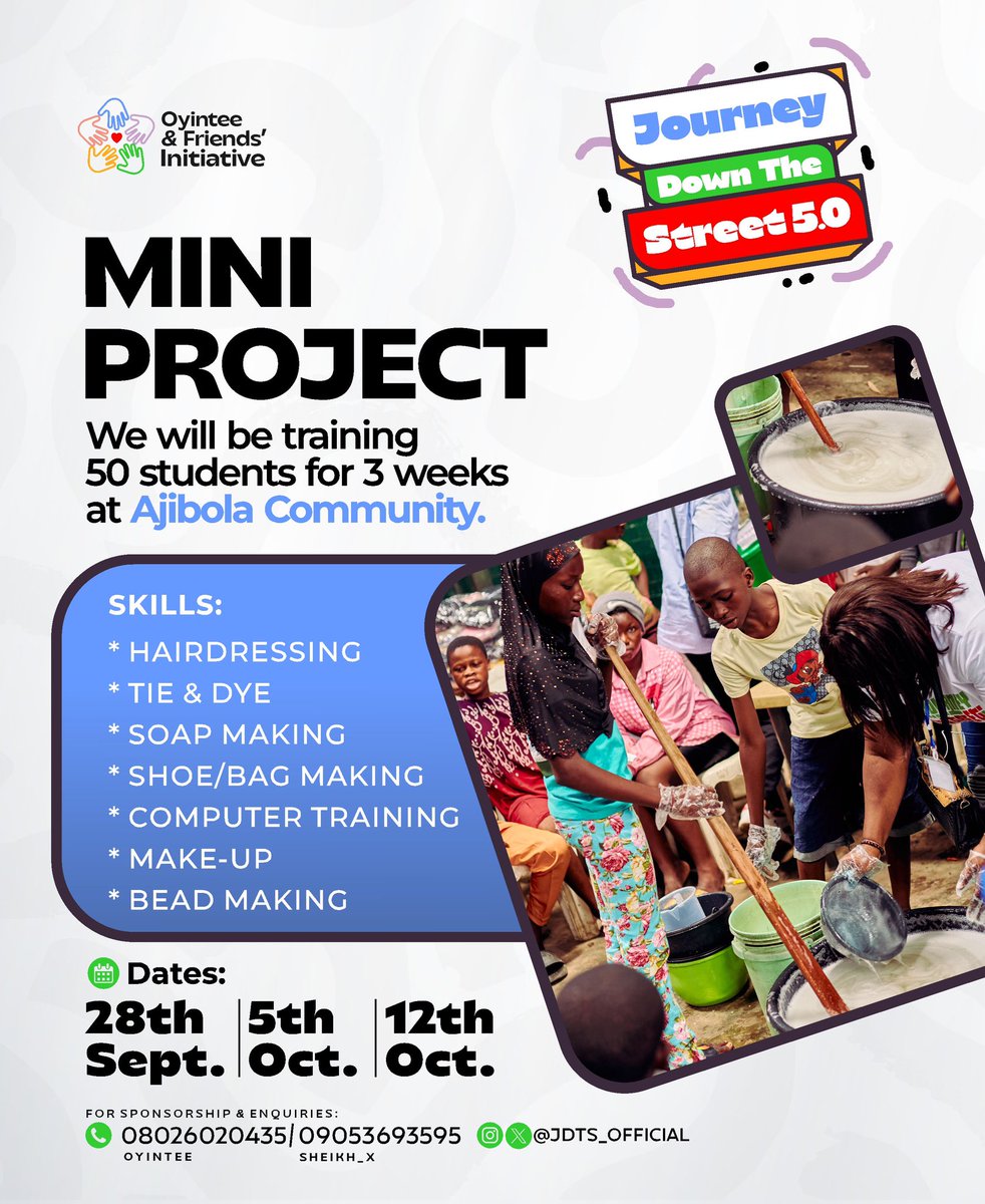 OfficialJdts's tweet photo. With a goal to enrich people, both young and old, through market-ready skills that will help create a better future for them beyond the outreach, Oyintee and Friends' Initiative proudly announce the start of the JDTS MINI PROJECT, the first of its kind!🥳❤️ https://t.co/nwMCteQqYn