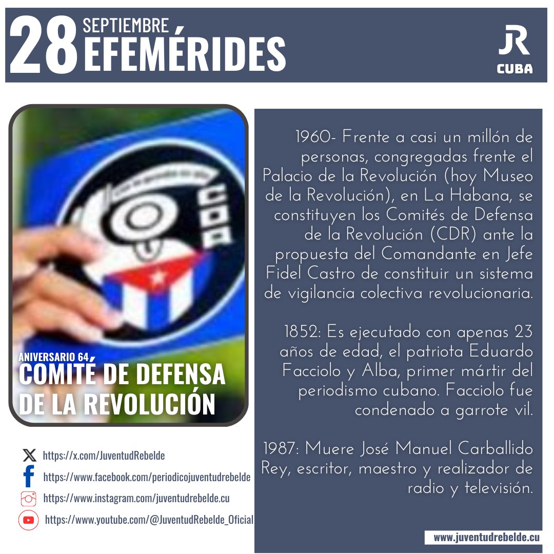 Resumen de Efemérides hoy 28 de septiembre en #Cuba 🇨🇺 

#CubaViveEnSuHistoria