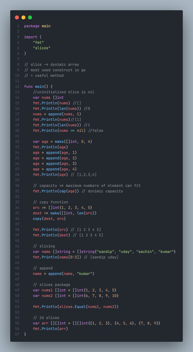 sandipkurmi0's tweet image. 🔪 Step 12: Diving into slices in #Golang!

Slices are dynamic, and more flexible than arrays:
s := []int{1, 2, 3}
s = append(s, 4)
fmt.Println(s)

Perfect for handling variable-length data! 🚀 #GoLang #GolangLearning #100DaysOfCode #DevJourney #Slices