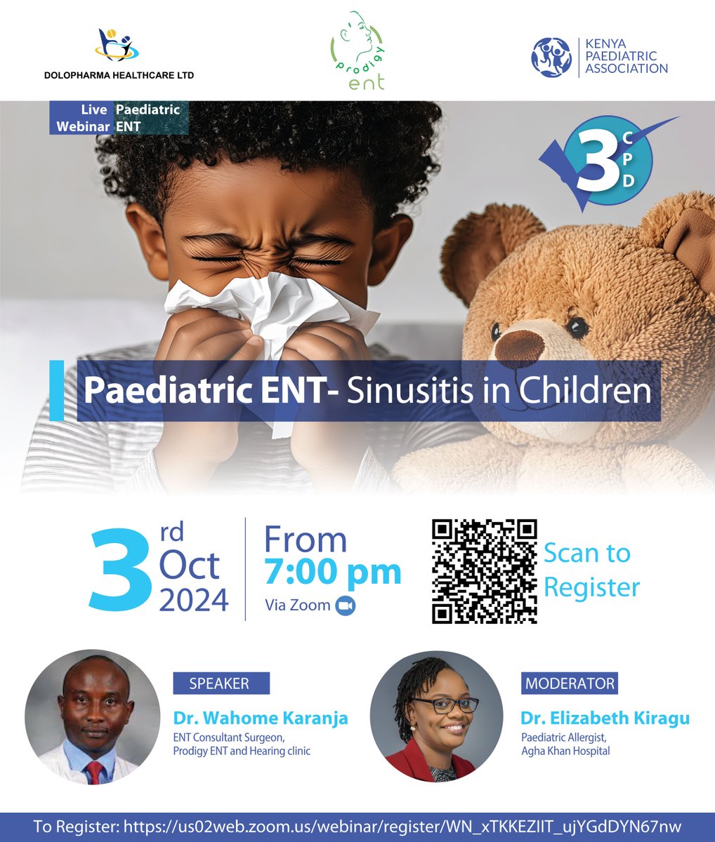 Kenyapaeds's tweet image. Join us for an insightful session to discuss Sinusitis in children. Learn how to recognize symptoms early and manage this common yet often misunderstood condition in children.

To register: us02web.zoom.us/webinar/regist…

#AfyaYaWatotoWetu