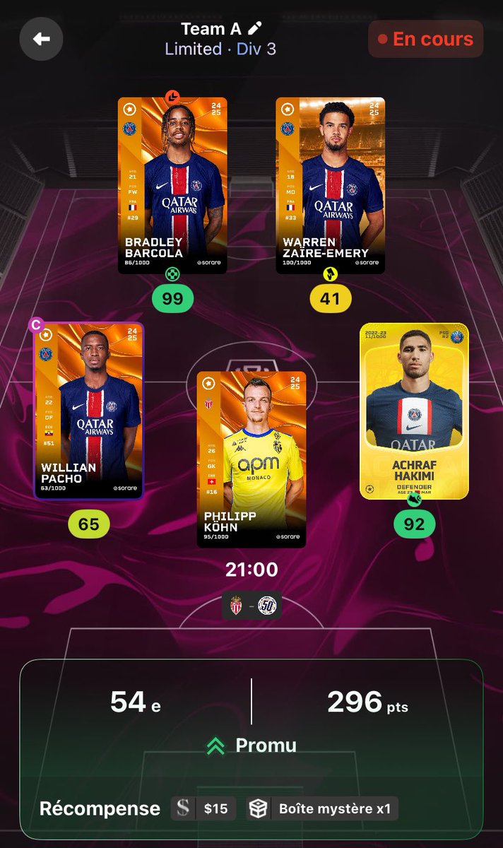 Warren en dessous… on espère un clean sheet de Monaco ce soir ! #sorare #psg #barcola