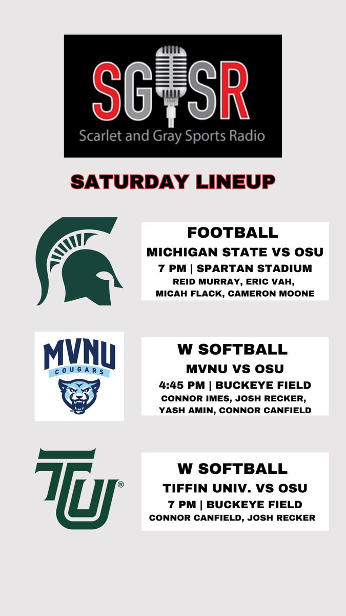 SGSR_OSU's tweet photo. Tune in this evening to SGSR as @MSU_Football takes on @OhioStateFB and @MVNUsoftball &amp; @TiffinUSoftball take on @OhioStateSB https://t.co/VElTobxa3O