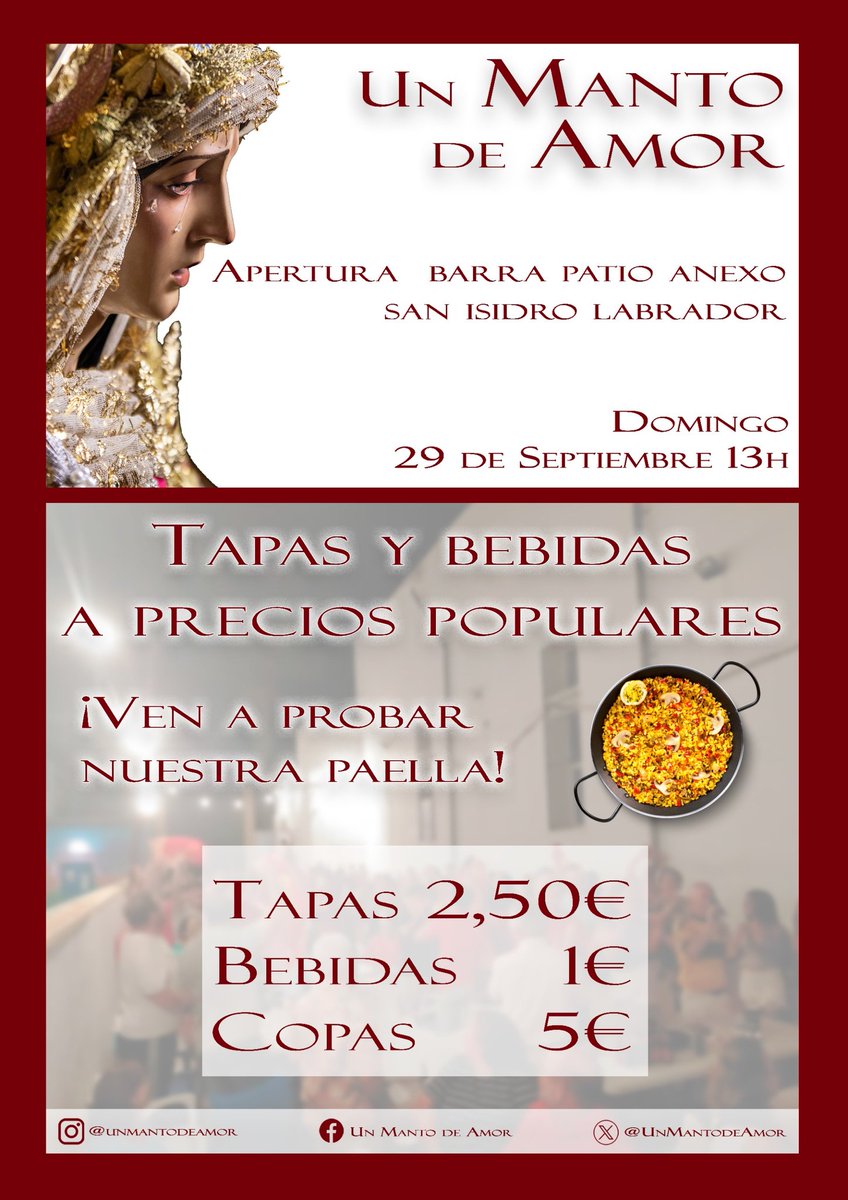 UnMantodeAmor's tweet photo. 📅 Este próximo Domingo, te esperamos en el patio anexo a la Parroquia! 

🥘🍔🍺 Paella, tapas a precios populares y bebidas heladas para pasar un buen rato en tu Hermandad!

#ProyectodeAmor #PinoMontano #UnMantodeAmor
#AmorenNazaret https://t.co/g9NyiVkKjz