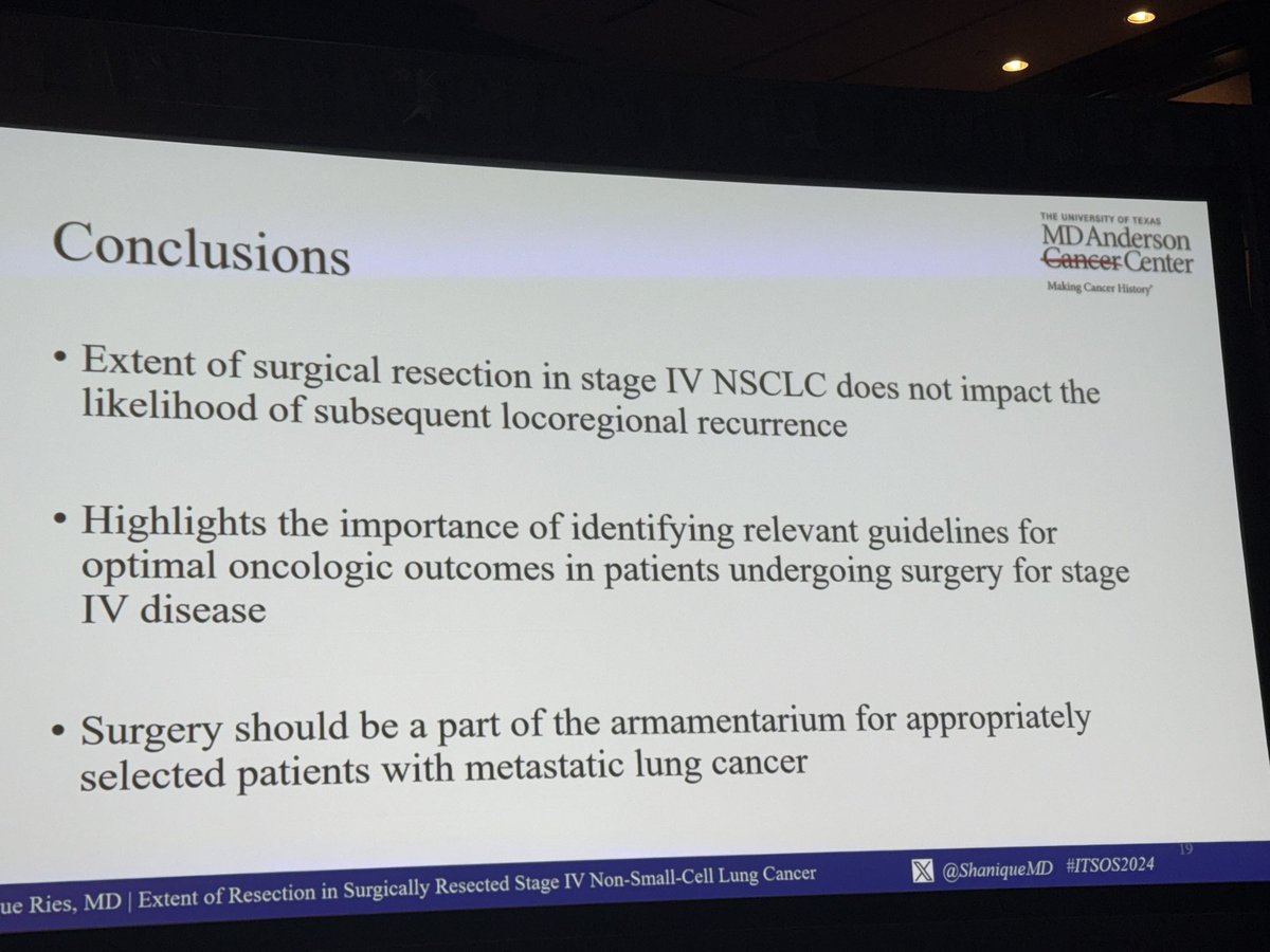 Thought provoking presentation at <a href="/AATSHQ/">AATS</a> #ITSOS2024 by <a href="/ShaniqueMD/">Shanique Ries, MD</a> discussing surgical resection of Stage IV NSCLC patients. Outstanding results and I look forward to reading the whole manuscript in detail. 

<a href="/maraantonoff/">Mara Antonoff, MD, FACS</a> <a href="/IsaOpitz/">Isabelle Opitz</a> <a href="/MDAndersonNews/">MD Anderson Cancer Center</a> <a href="/rjmehran/">Reza Mehran, MD</a>