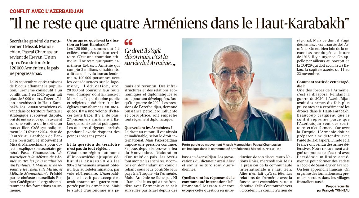 Chamassian Pascal (@pchamassian) on Twitter photo De retour d’Arménie avec une délégation du <a href="/MMManouchian/">Mouvement Missak Manouchian</a> , ci-dessous mon interview dans <a href="/laprovence/">La Provence</a> , 1 an après l’épuration ethnique des 120 000 arméniens, chassés de leur terre ancestrale par l’Azerbaïdjan.
Soutenez le Mouvement Missak Manouchian
👇👇
mouvementmissakmanouchian.org/charte/ De retour d’Arménie avec une délégation du <a href="/MMManouchian/">Mouvement Missak Manouchian</a> , ci-dessous mon interview dans <a href="/laprovence/">La Provence</a> , 1 an après l’épuration ethnique des 120 000 arméniens, chassés de leur terre ancestrale par l’Azerbaïdjan.
Soutenez le Mouvement Missak Manouchian
👇👇
mouvementmissakmanouchian.org/charte/