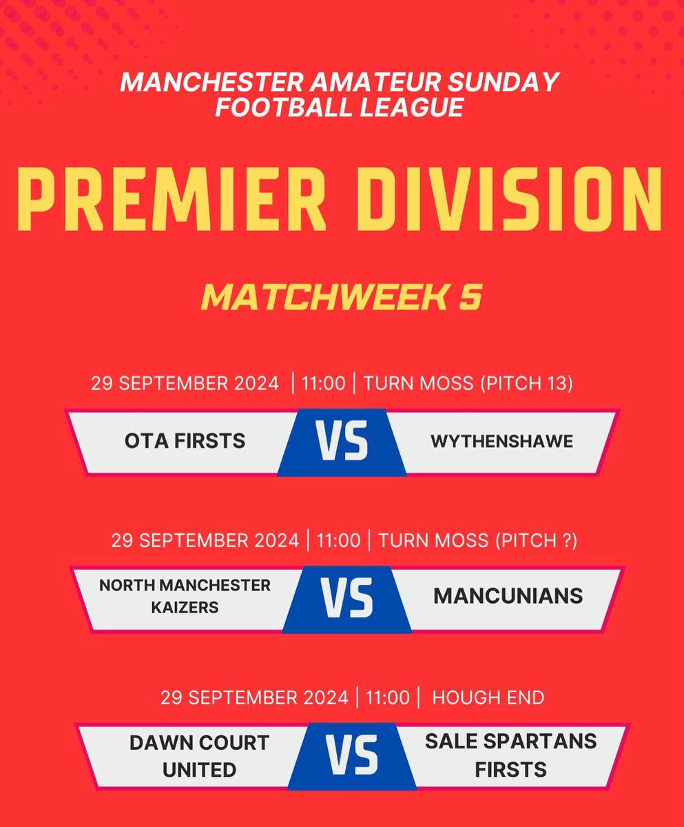 ManchesterASFL's tweet image. ⚽️ MATCHWEEK 5 ⚽️

Here are the fixtures for the 5th Matchweek of the 24/25 season. 

Get down and support the teams!! 

#masfl