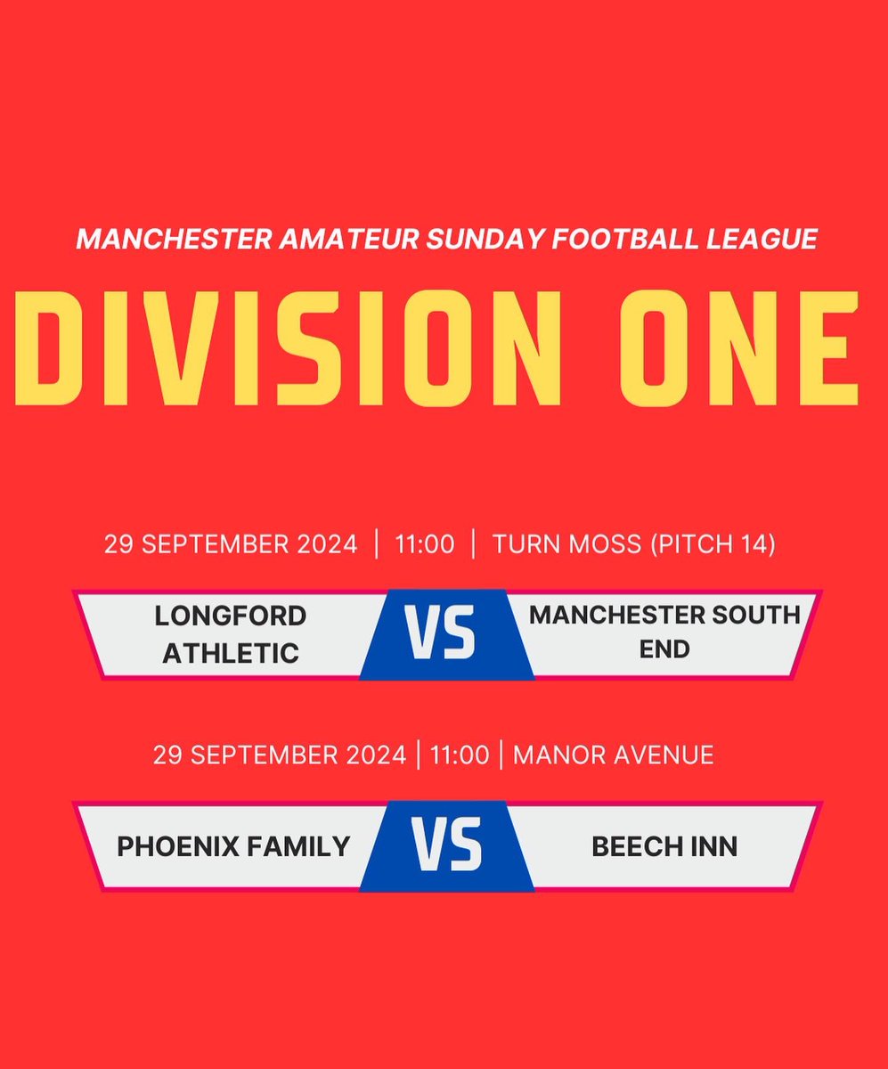 ManchesterASFL's tweet image. ⚽️ MATCHWEEK 5 ⚽️

Here are the fixtures for the 5th Matchweek of the 24/25 season. 

Get down and support the teams!! 

#masfl