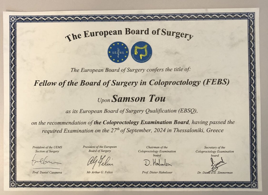 Samson Tou (@samtou22) on Twitter photo I have made it! It was such an organised and fair exam! The knowledge I acquired during the process made me a better clinician and I urge all of you to do it! <a href="/DHahnloser/">Dieter Hahnloser</a> <a href="/ZimNl/">David Zimmerman</a> <a href="/colorectal_jay/">Jay Warusavitarne</a> <a href="/escp_tweets/">European Society of Coloproctology</a> <a href="/YouESCP/">Young ESCP</a> <a href="/UEMSEurope/">UEMS Europe</a> <a href="/ColorectalDis/">Colorectal Disease</a> I have made it! It was such an organised and fair exam! The knowledge I acquired during the process made me a better clinician and I urge all of you to do it! <a href="/DHahnloser/">Dieter Hahnloser</a> <a href="/ZimNl/">David Zimmerman</a> <a href="/colorectal_jay/">Jay Warusavitarne</a> <a href="/escp_tweets/">European Society of Coloproctology</a> <a href="/YouESCP/">Young ESCP</a> <a href="/UEMSEurope/">UEMS Europe</a> <a href="/ColorectalDis/">Colorectal Disease</a>