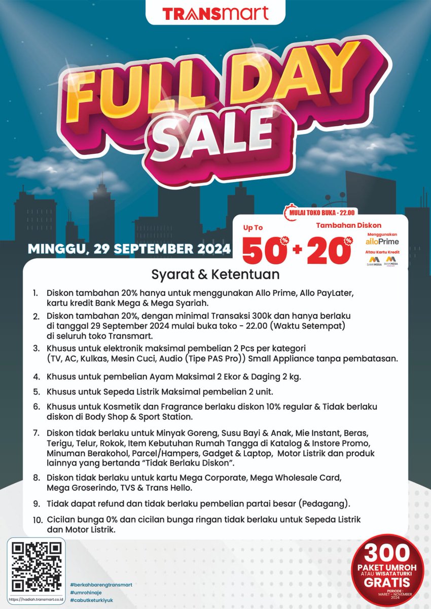 Habis gajian, belanja tetep hemat di Transmart! 

Nikmati:
✅ Diskon 20% dengan bank Mega
✅ Diskon 20% dengan Allo Bank
✅ Diskon 20% dengan menukarkan Livin' Point Mandiri
✅ Diskon 10% setiap Sabtu &amp; Minggu dengan kartu kredit Mnadiri
 #UmrohBersamaTransmart #WisataTurkiGratis