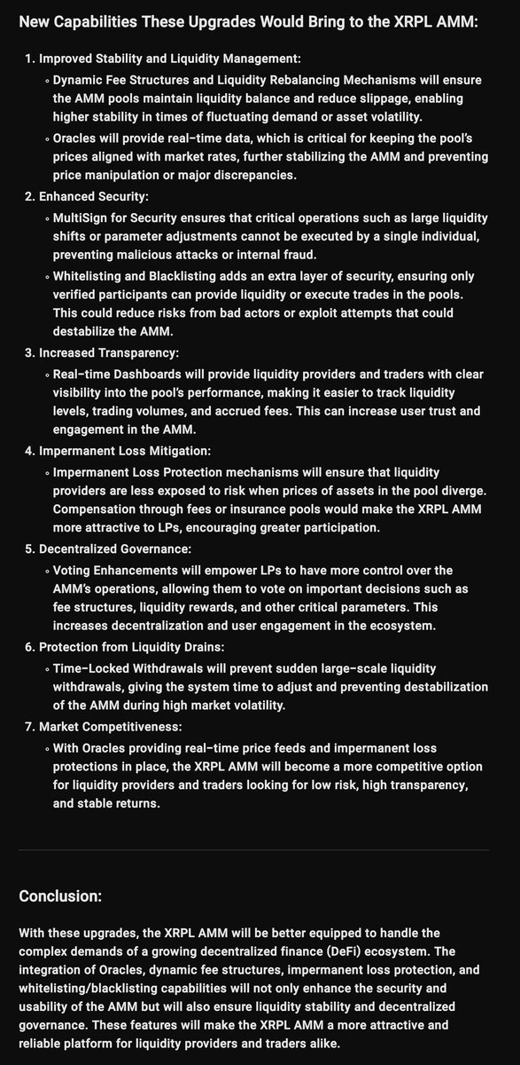 Dark_horse's tweet image. 🫡🫡🫡 Here's my concepts need for the #XRPL #AMM Upgrades!

 Here’s whats needed and why we need programming (#Hooks) on the XRPL:

🔵 Dynamic fee structures for better liquidity management  
🔵 Oracle integration for real-time market data (coming soon already) 
🔵 Automated