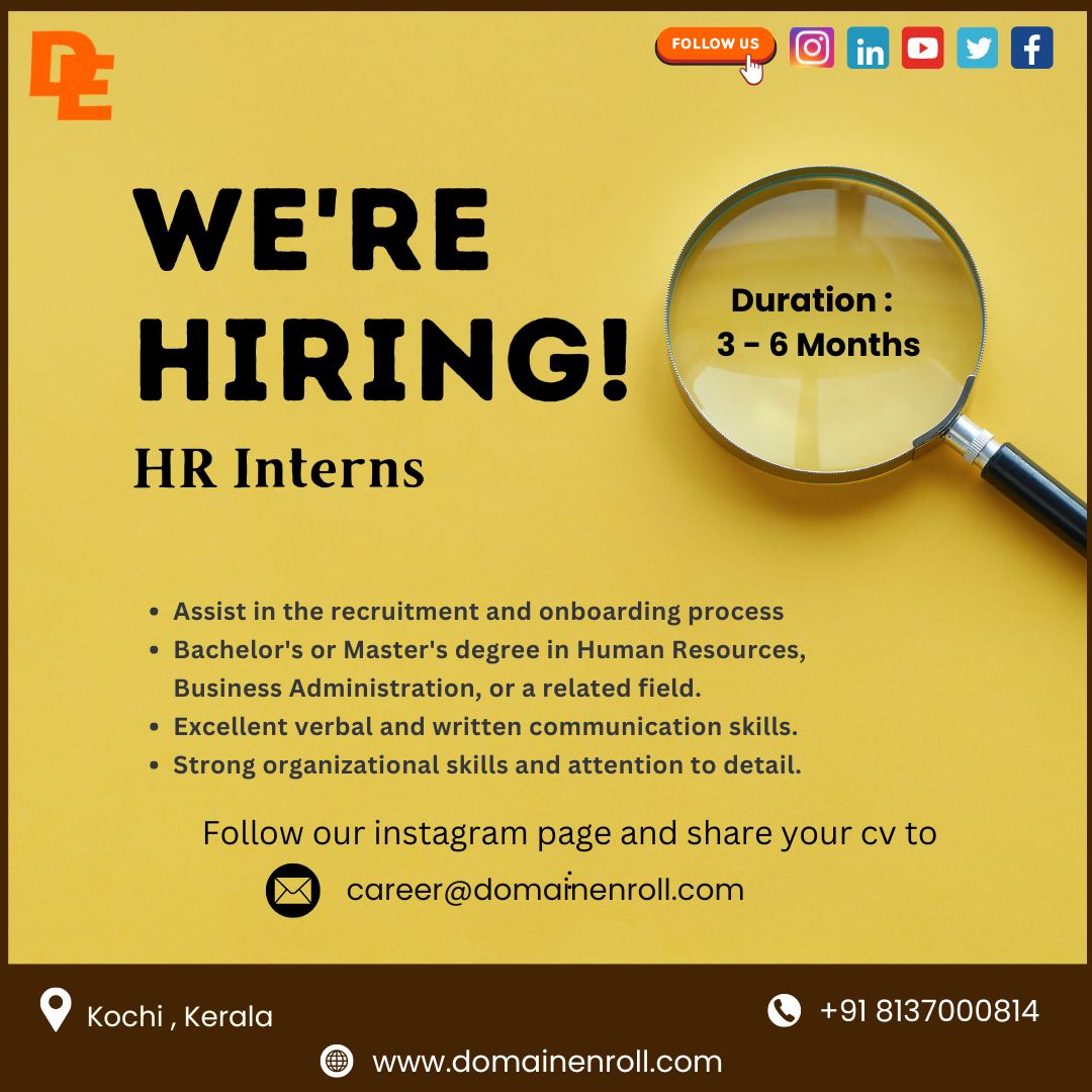 DomainEnroll's tweet image. We are hiring HR Interns !

Send your CV to :

career@domainenroll.com

follow us for updates :

Visit us: domainenroll.com
+91 8137000814

#job #hiring #jobvacancy #hiringnow #jobopenings #kochi #hrinternship #applynow