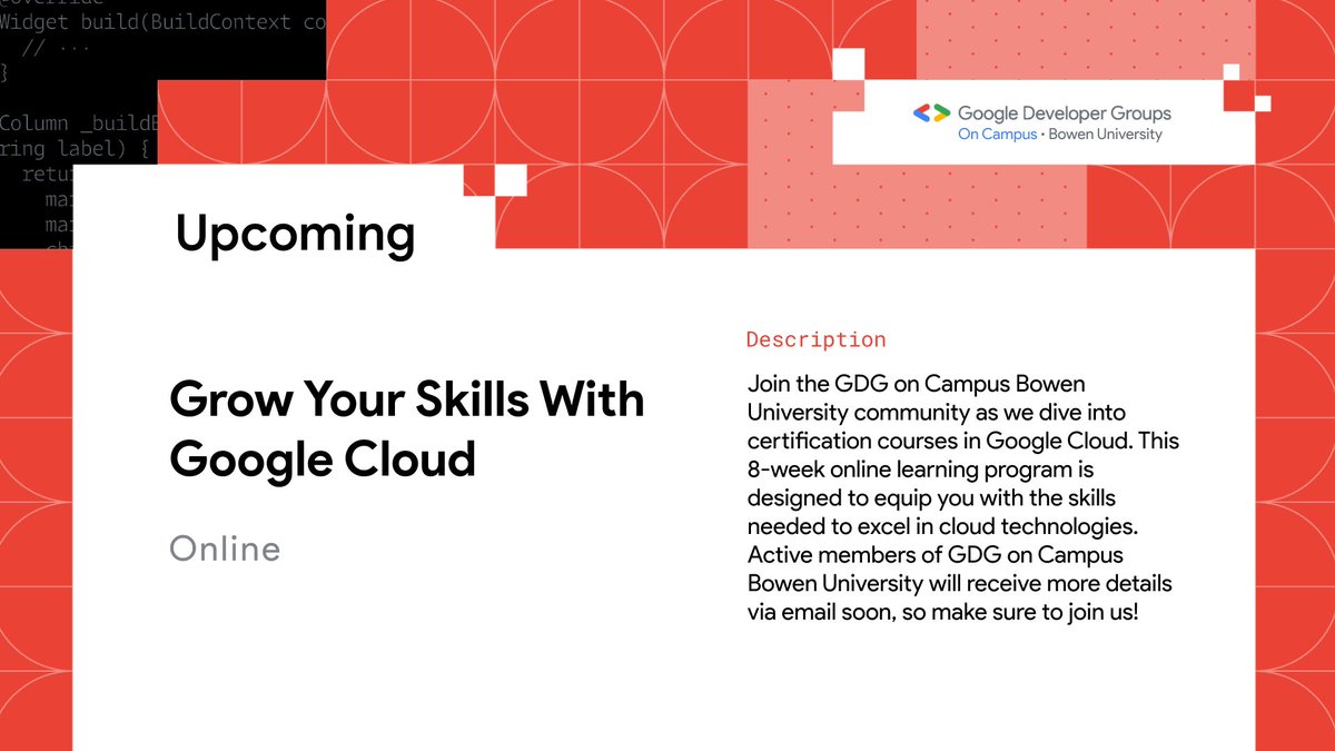 gdgoc_bowen's tweet image. Unlock Your Potential! Dive into Google Cloud certification courses with GDG on Campus Bowen University! 8 weeks, online, and totally free! Join our community now! #GoogleDeveloperGroups #CloudComputing #BowenUniversity #LearnWithGDG