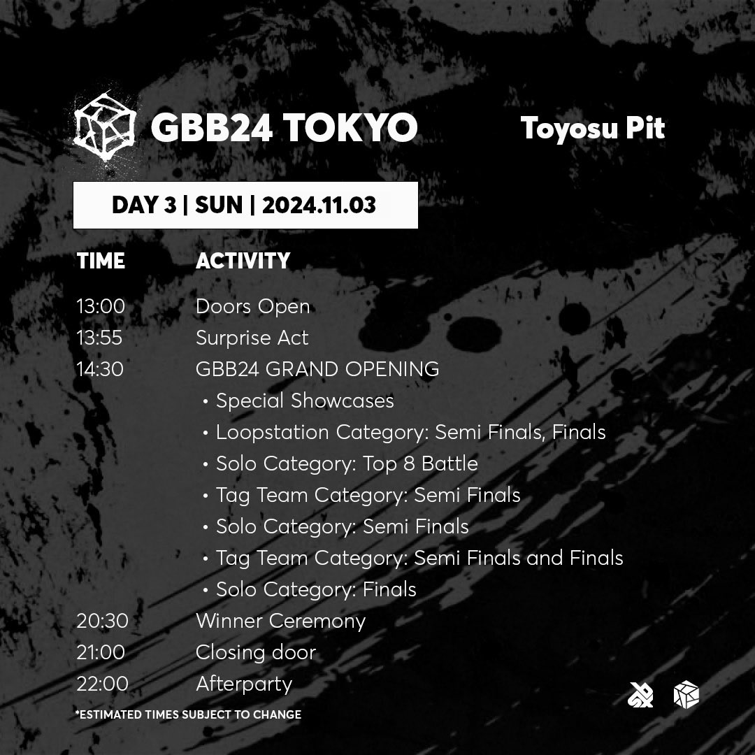 swissbeatbox's tweet photo. Here you have the full schedule for #GBB24TOKYO!! 🔶📅

Let us know for which day you are the most excited 🤓

#schedule #beatbox #beatboxing #battle https://t.co/IFwvLKFaOk