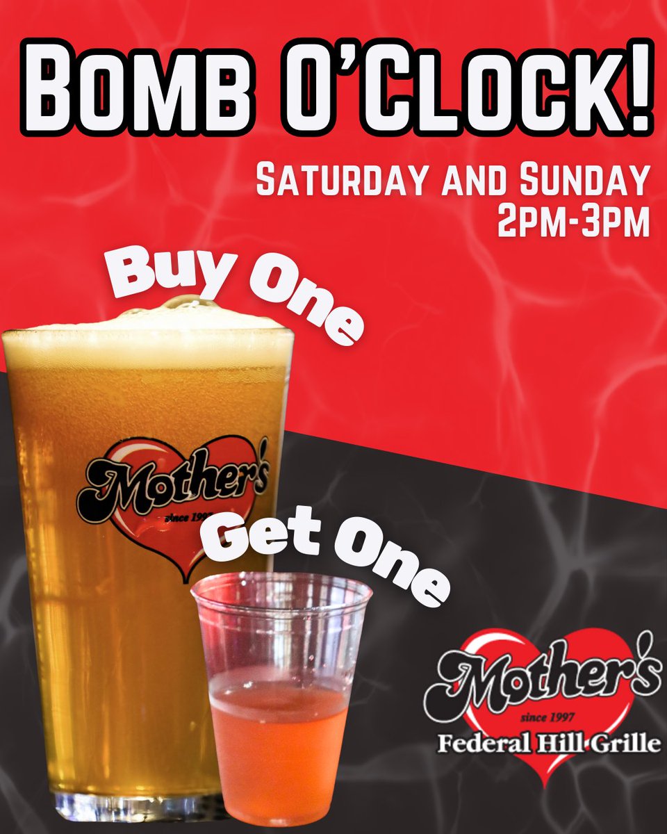 Get ready to double the fun EVERY Saturday and Sunday from 2pm-3pm with BOGO Bombs, Rail Drinks, and Draft Beers! Why have one when you can have two? Let’s get this party started at Mother’s – the best hour of the weekend is waiting!