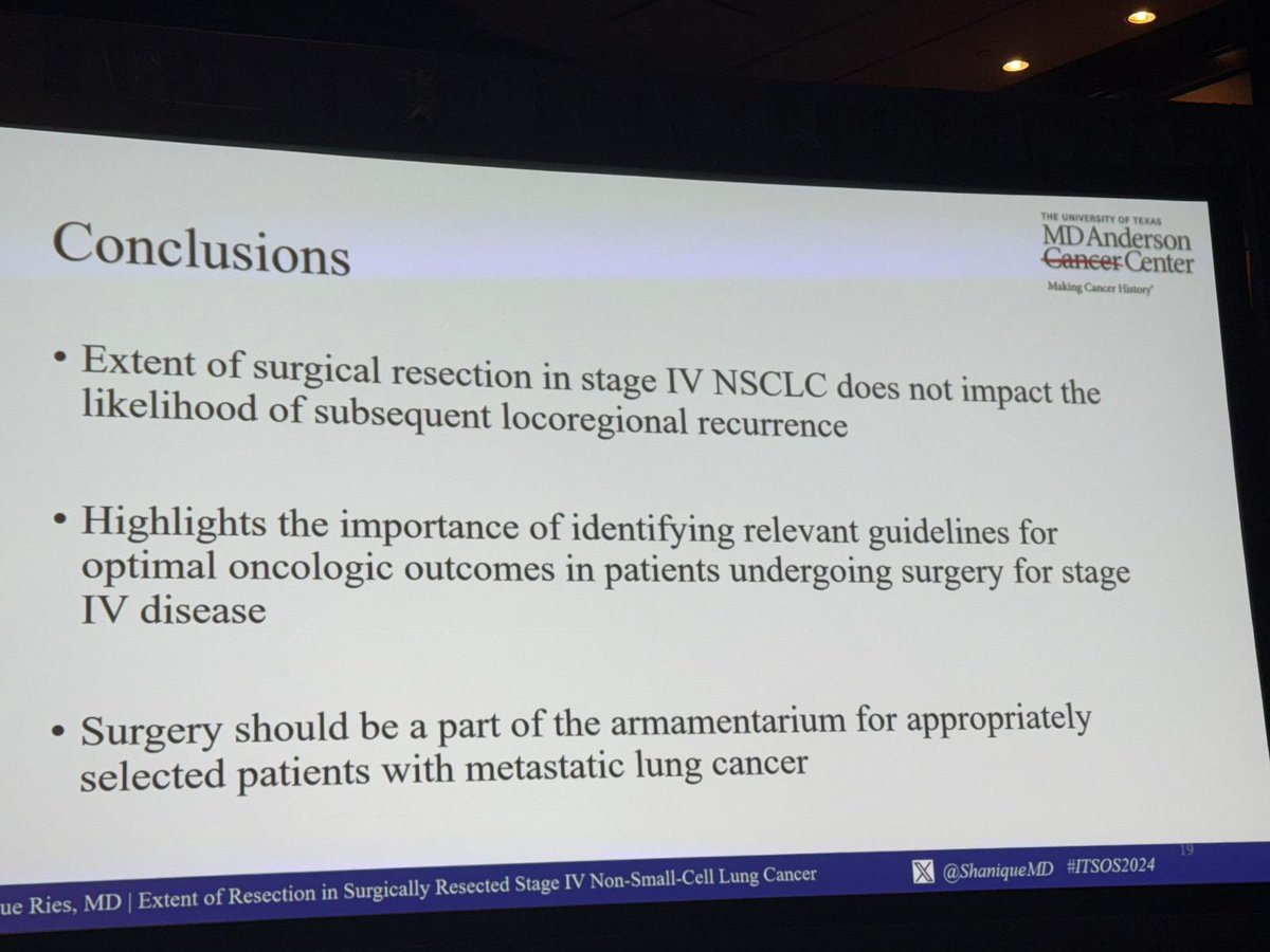 Nice talk from a great surgical resident, Shanique Ries, on surgery to remove the primary tumor in patients with oligometastatic NSCLC. 

Can surgery reduce immune suppressive microenvironment and remove drug tolerant persistent cells?  Does extent of surgery matter? #ITSOS2024