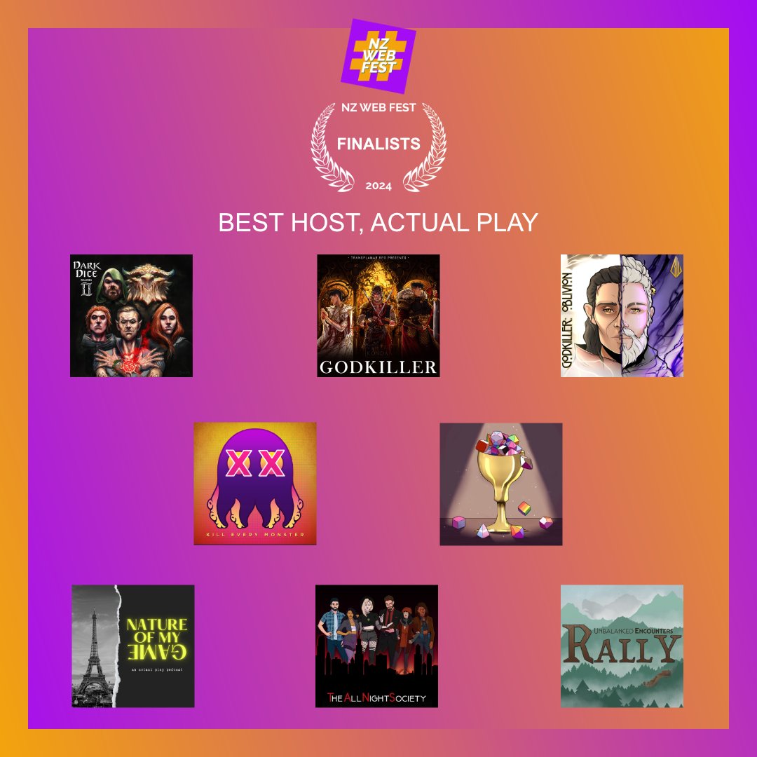 Good luck to all the nominees for BEST HOST, ACTUAL PLAY! (1 of 2)

@darkdicepod
GODKILLER: First Blood by @transplanarrpg
Godkiller: Oblivion by @blackwaterdnd
<a href="/KEMpodcast/">Kill Every Monster</a>

🎧🤞🌟🤞🎧
#audiofictionworldcup #podcast