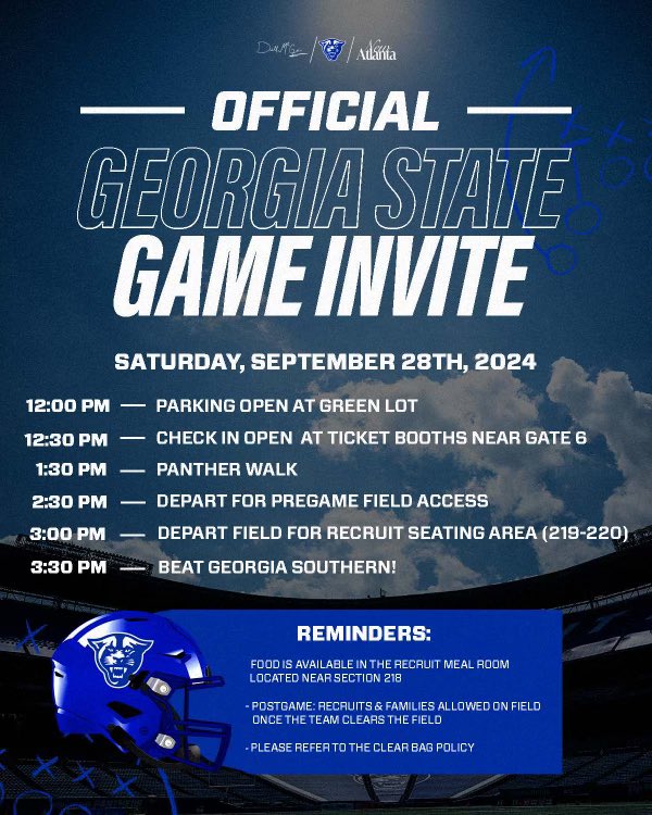 I will be at Georiga state this evening thanks for the Official Game Invite 
<a href="/WestlakeFB1/">Westlake Football</a> <a href="/RecruitWestlake/">WestlakeRecruits</a> <a href="/RecruitGeorgia/">Recruit Georgia</a> <a href="/GeorgiaStateFB/">GSU Football</a> <a href="/ChadSimmons_/">ChadSimmons</a> <a href="/JeremyO_Johnson/">Jeremy Johnson</a>