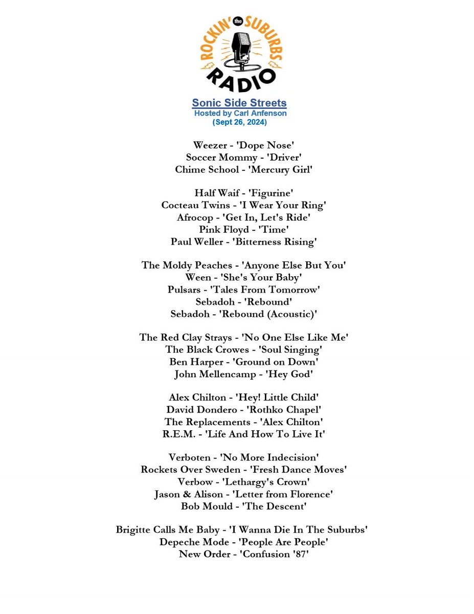 The playlist from Thursday’s drive.  Check out suburbsradio.com. ⁦<a href="/SuburbsRadio/">Rockin' the Suburbs Radio</a>⁩ ⁦<a href="/SuburbsPod/">Rockin' the Suburbs</a>⁩   mixcloud.com/RtSRadio/unkno…